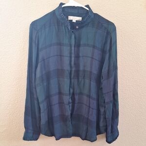 LOFT Plaid Ruffle Blouse, Blue-green-black, Size:petite